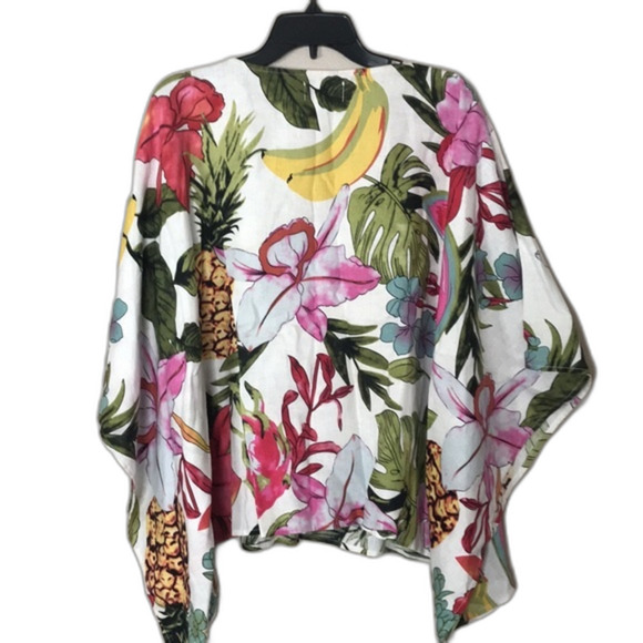 Peck & Peck Linen Floral Poncho Top Copper Beaded Neckline Kimono Sleeves large - Picture 7 of 10